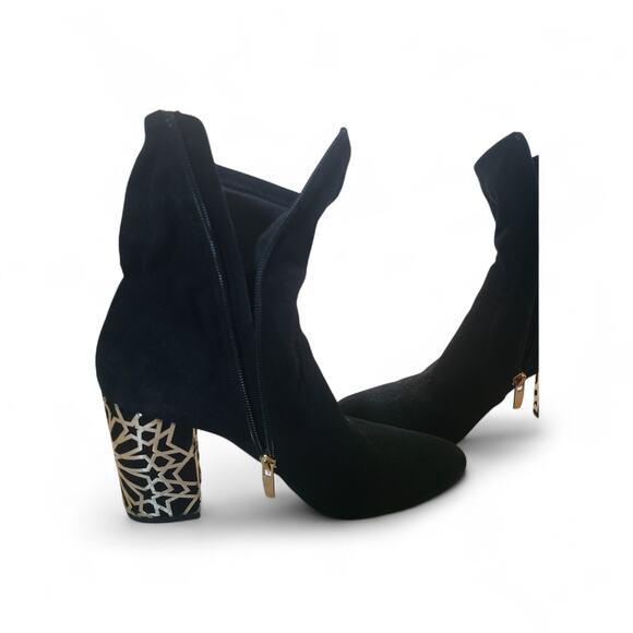 Via Spiga Black Suede Ankle Booties 8.5M Gold Metallic Block Heel Vero Cuoio - Picture 10 of 13